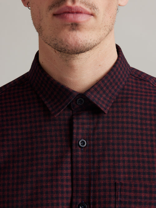 Rood / navy check flanel merinowol overhemd voor heren met borstzak en klassieke kraag