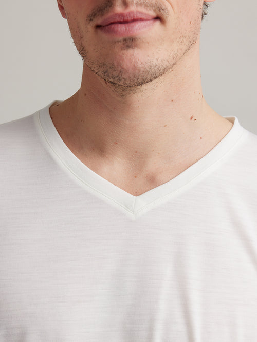 detail van V nek kraag van with merino wol T-shirt voor mannen